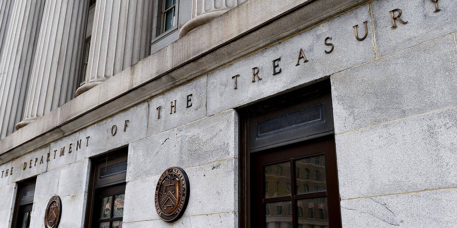 An exterior view of the building of the US Department of the Treasury, in Washington, DC
