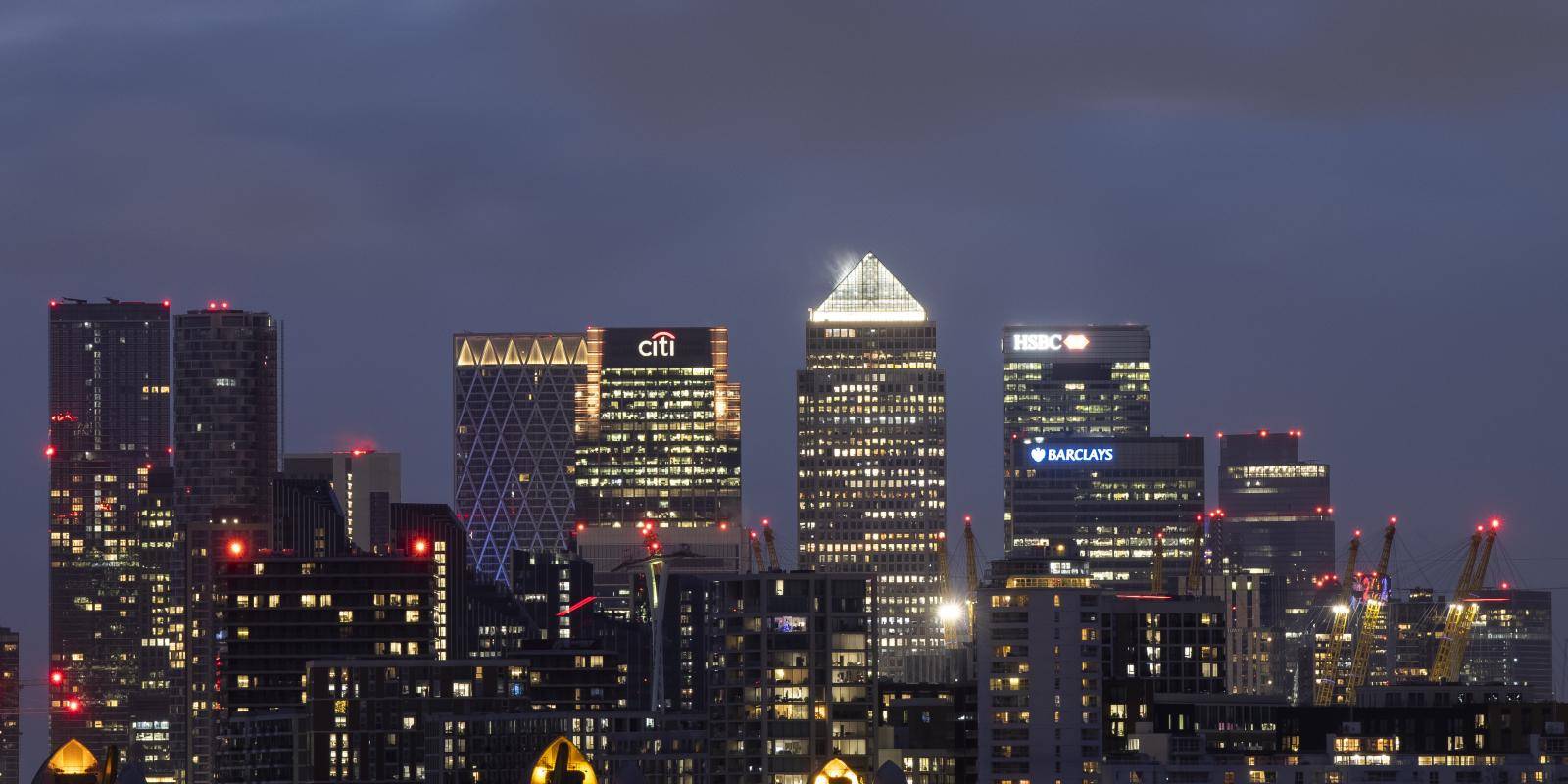 A photo of the Canary Wharf business district in London.