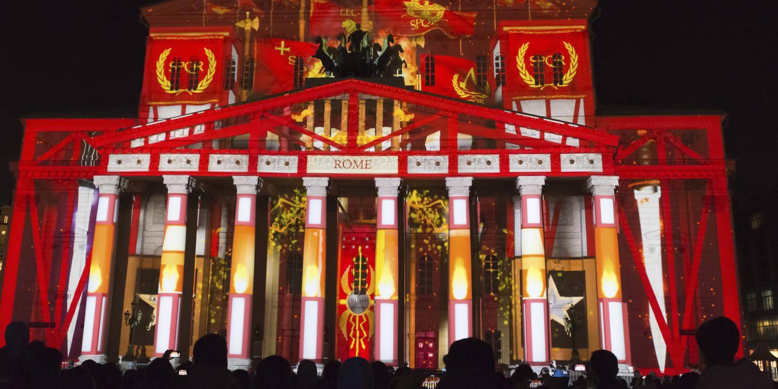A representation of Imperial Rome is projected onto the façade of the Bolshoi Theatre in Moscow, 2016.