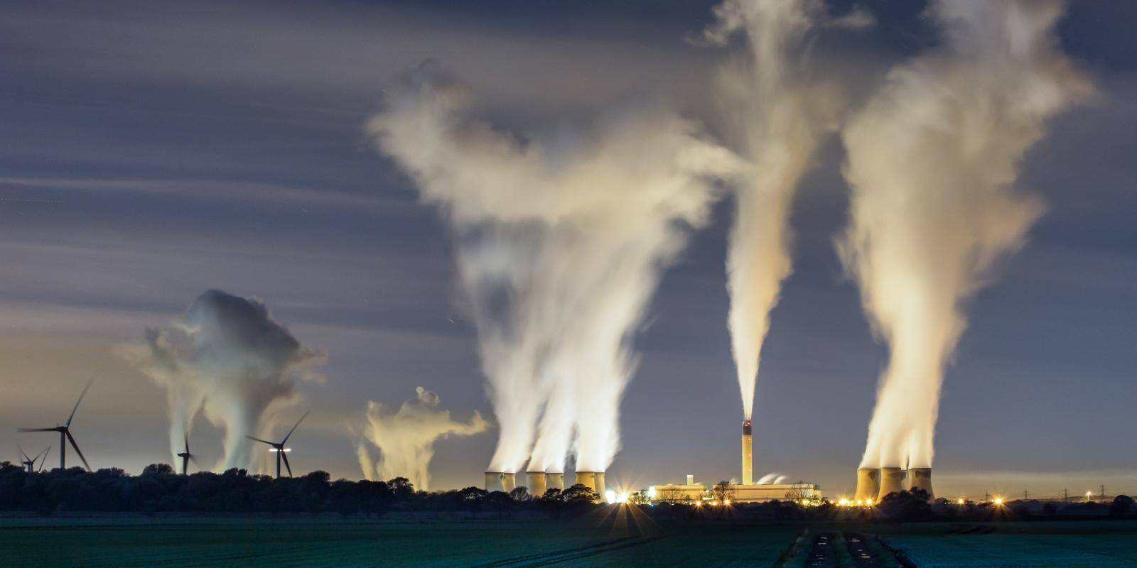 Drax Power Station in Yorkshire, UK, illuminated at night