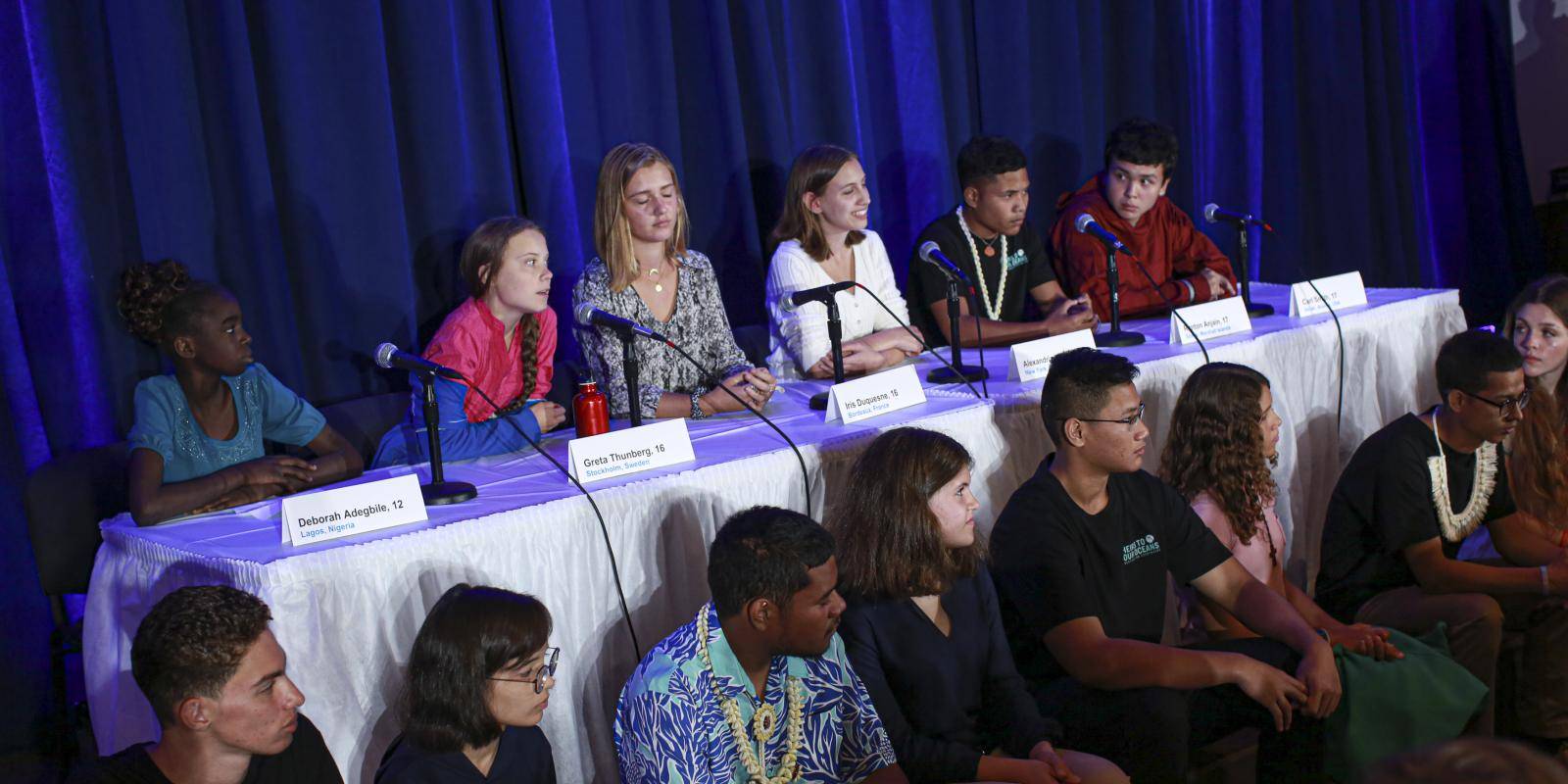 Greta Thunberg speaking at a press conference given by 16 youth climate activists in New York on 23 September 2019
