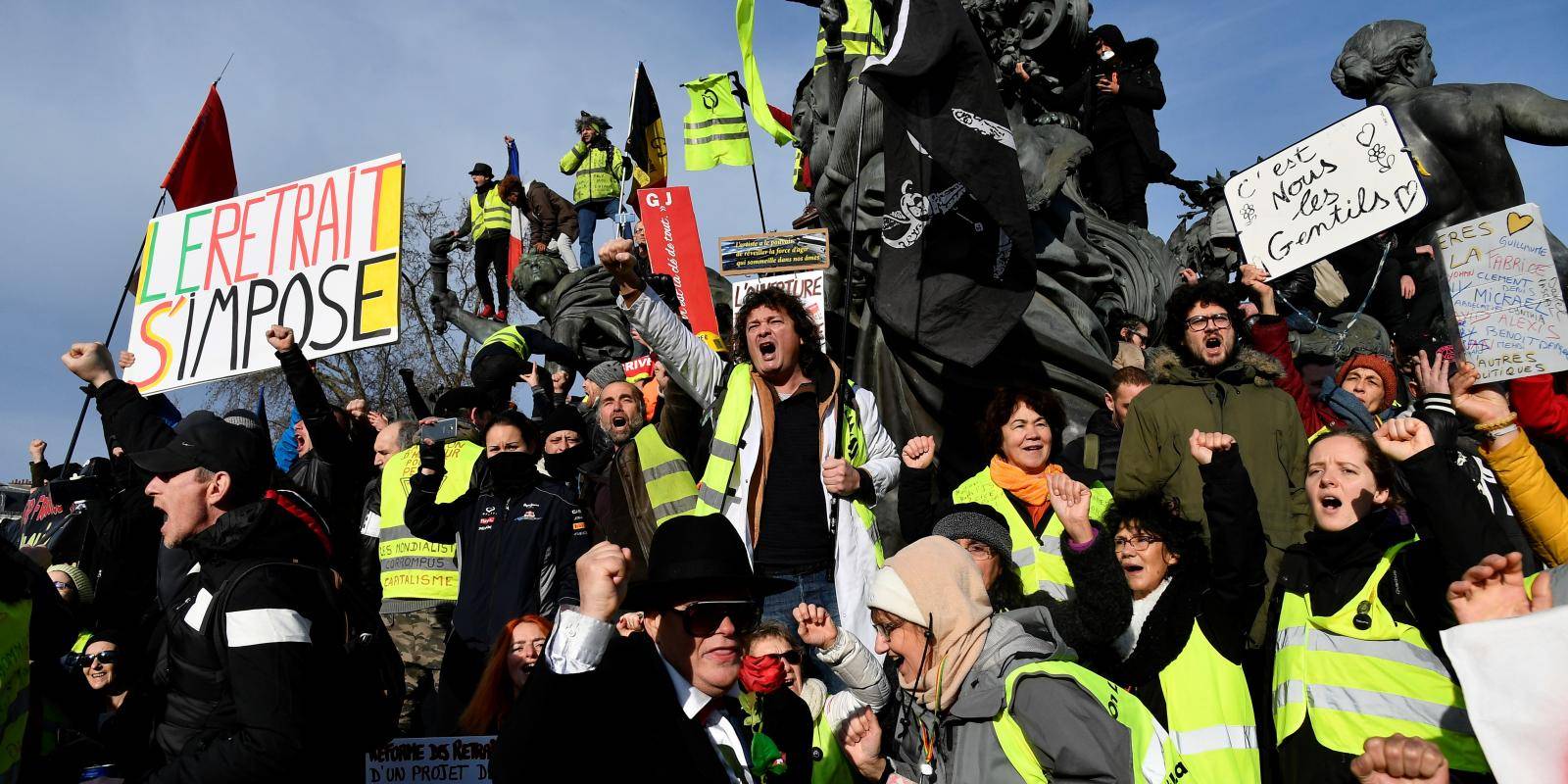 ‘Yellow vests’ protest against the French government’s pensions overhaul in Paris, 11 January 2020. 