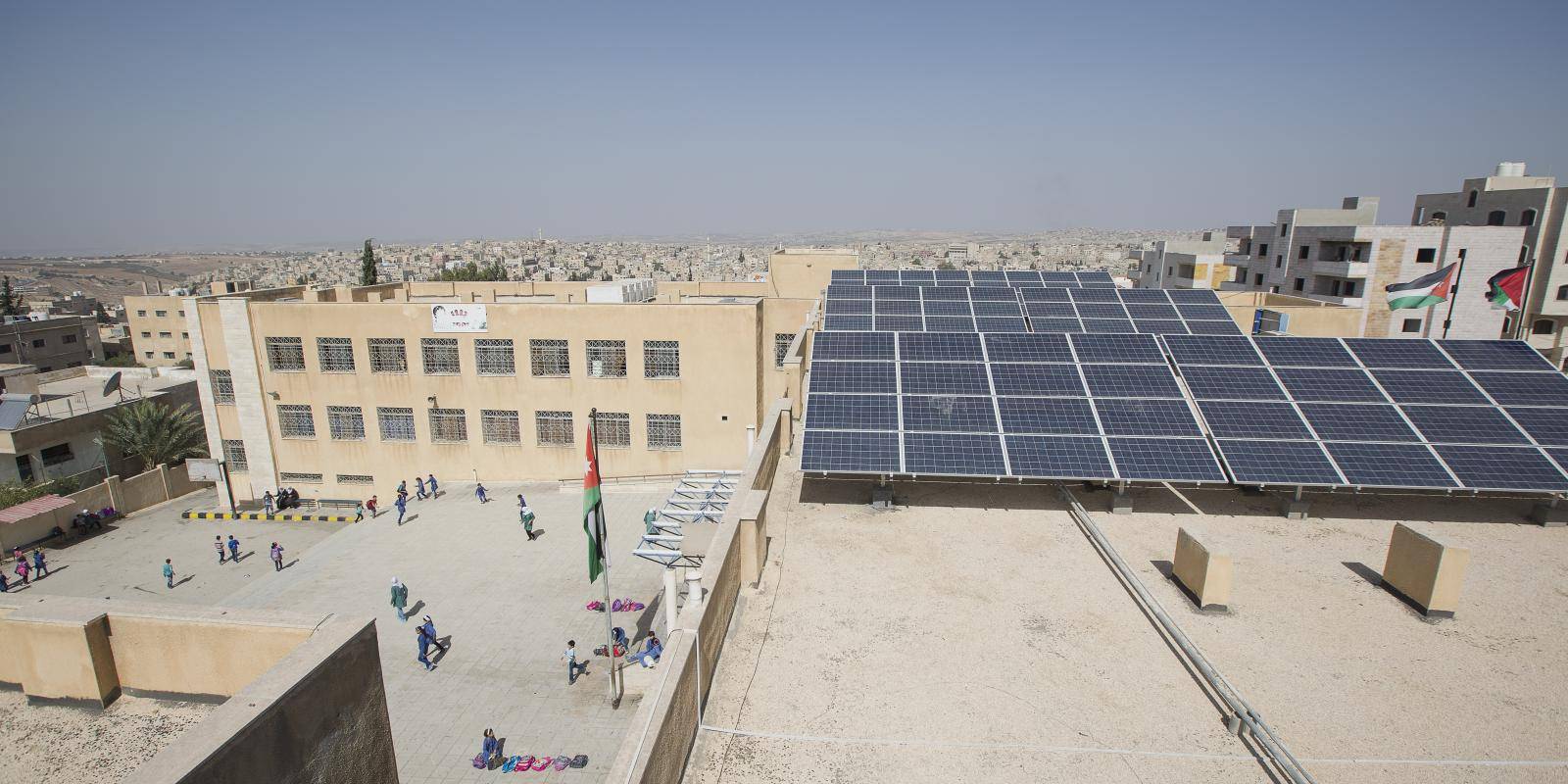 A solar panel installation on a school in Jordan, 13 October 2016.