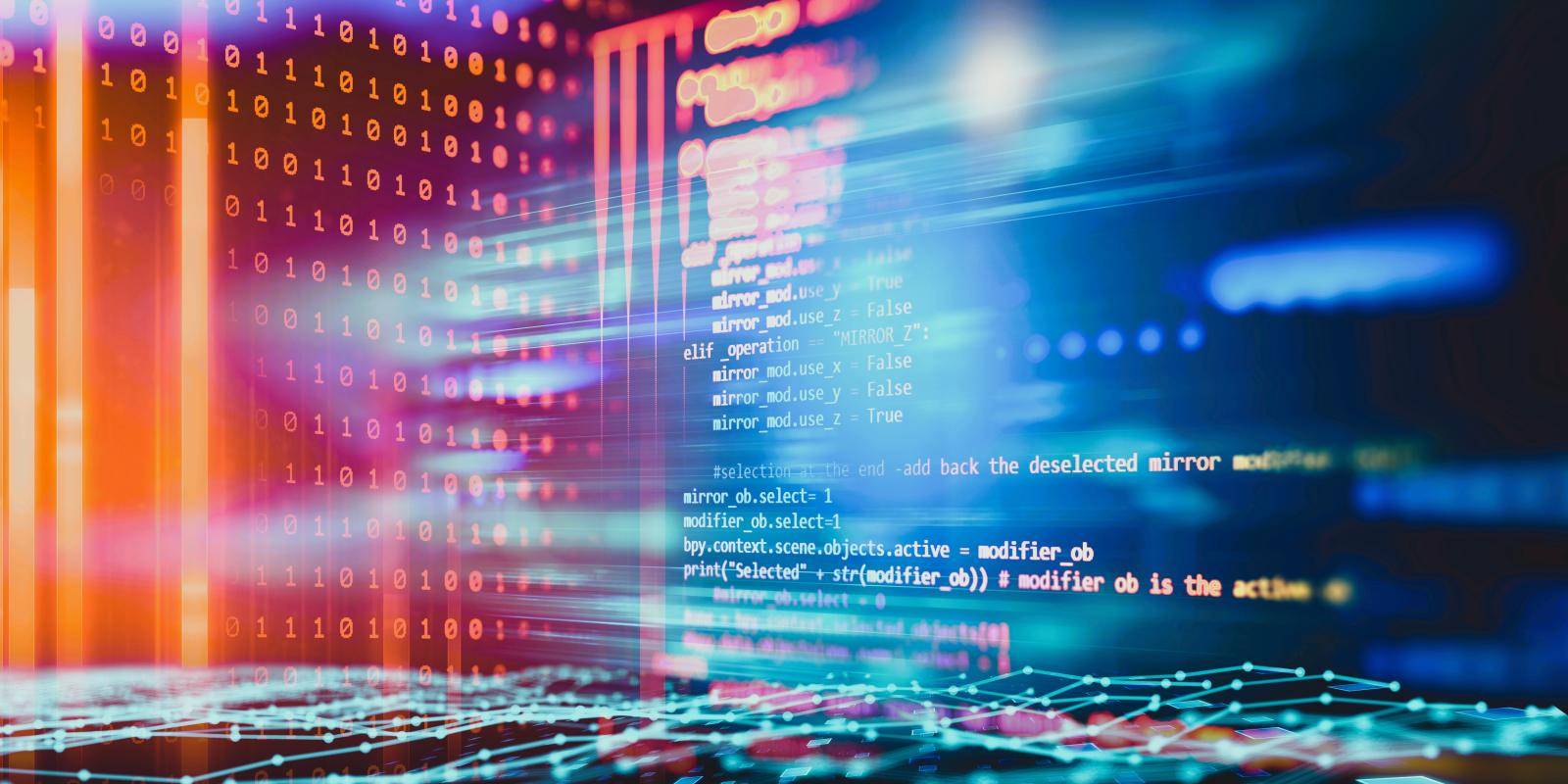Orange and blue programming and binary code