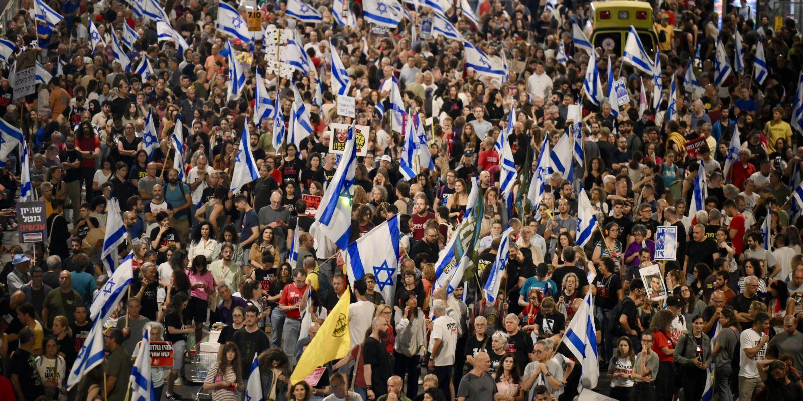 Aerial view of thousands of Israelis gathered to protest in Israeli capital Tel Aviv 