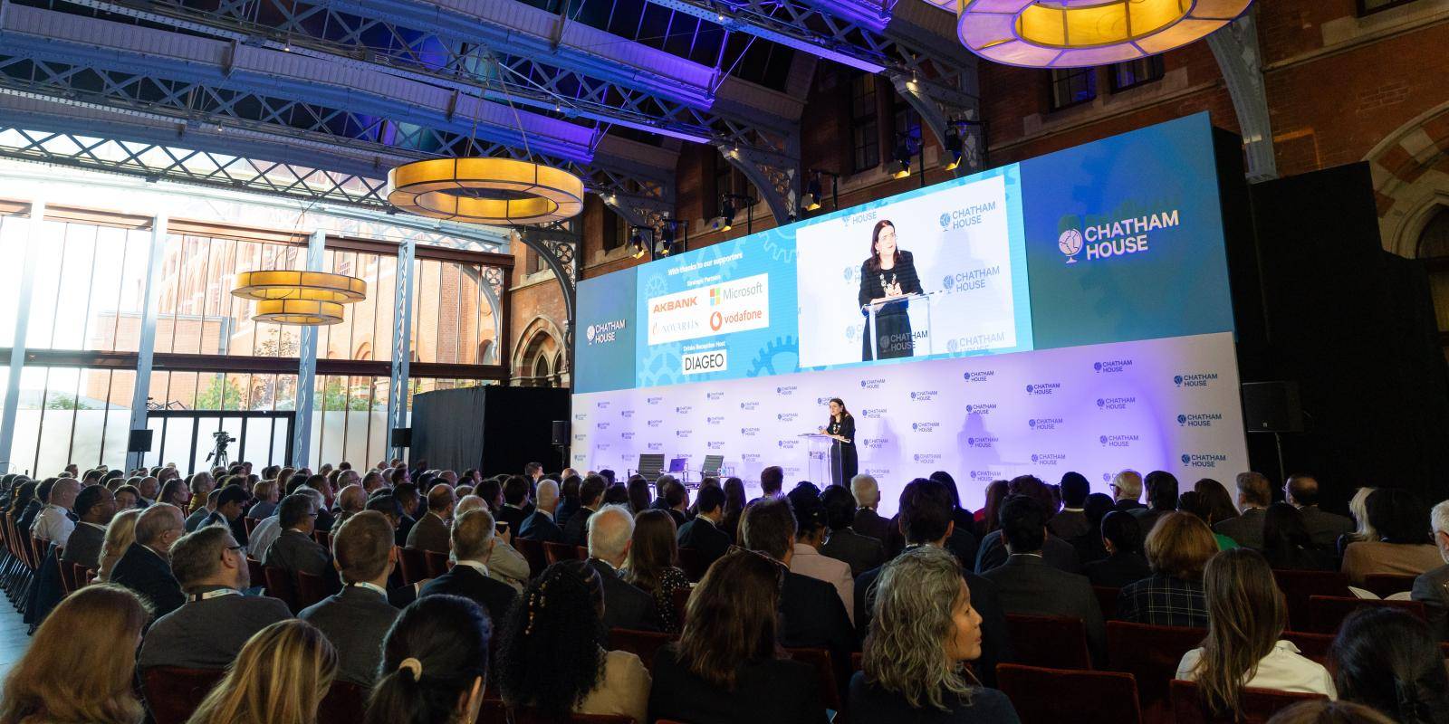 Bronwen Maddox addresses a full audience at the 2024 London Conference