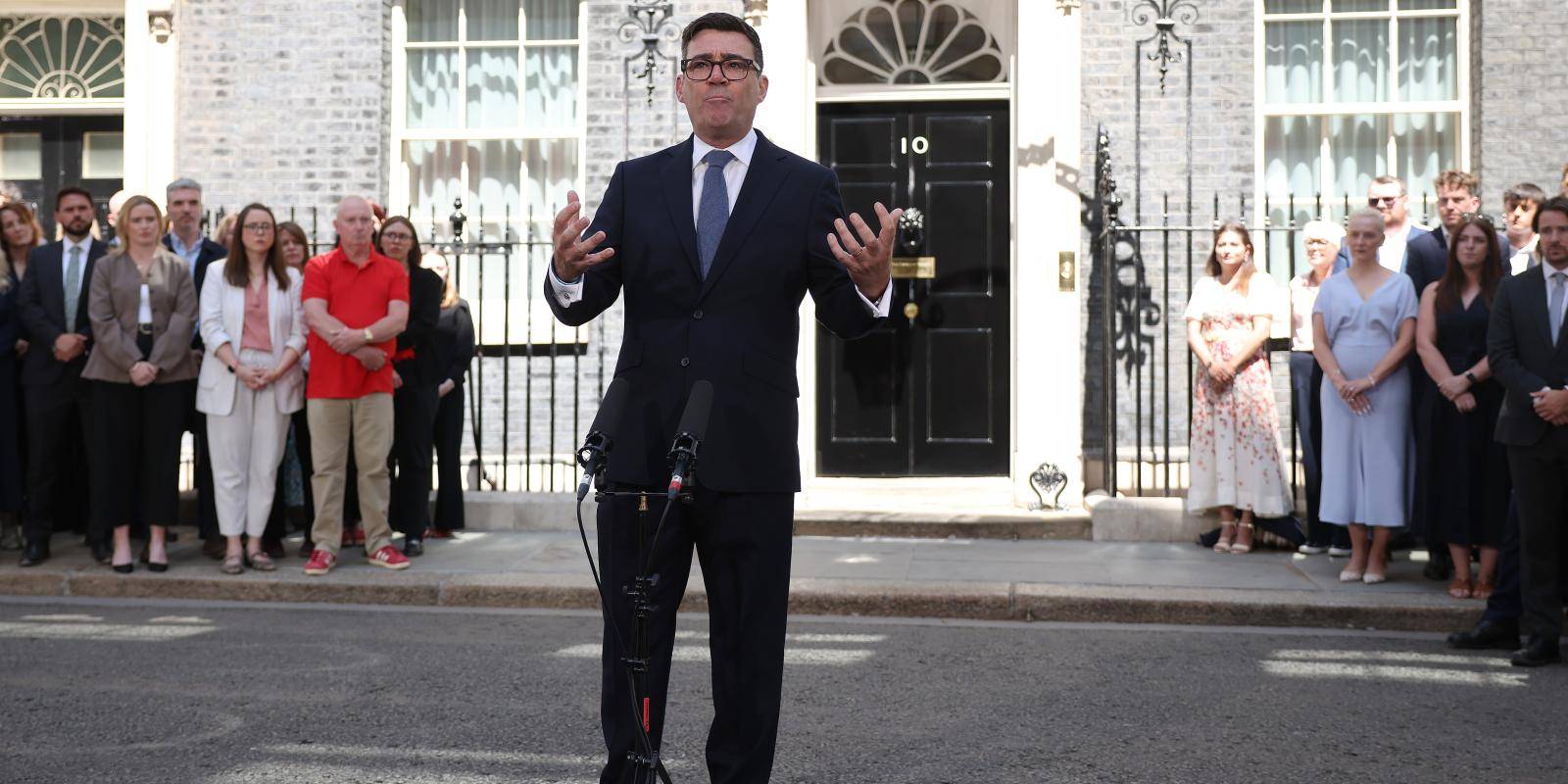 Image of Andy Burnham giving his inaugural speech as prime minister outside 10 Downing Street