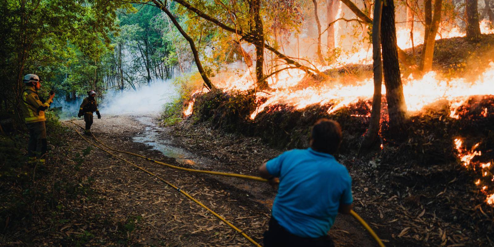 Photo of firefighters putting out a wildfire in Galicia, Spain.