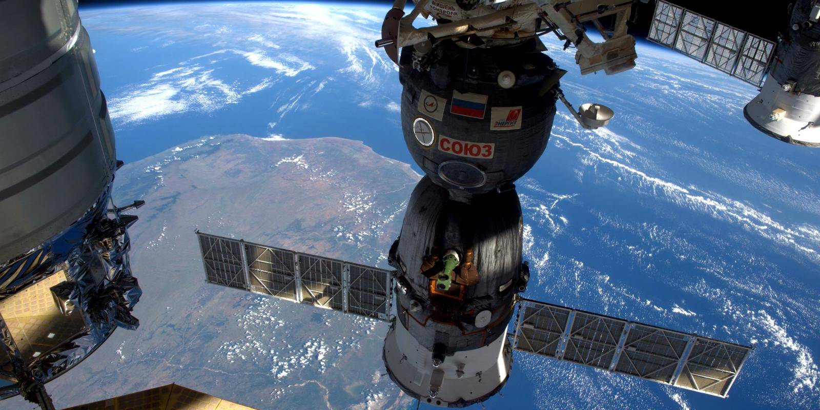 The Soyuz TMA-19M spacecraft attached to the International Space Station on 16 June 2016. Photo: Tim Peake/ESA/NASA via Getty Images.