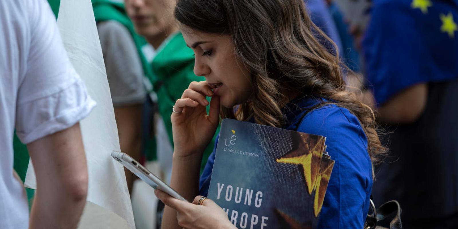 Young woman at the March for Europe in May 2018. Photo: Getty Images