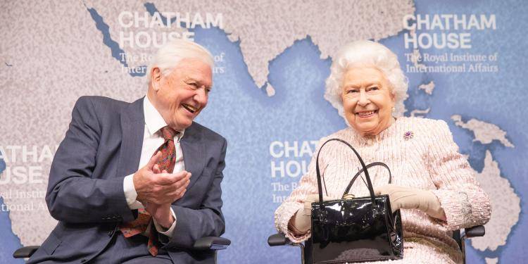 Sir David Attenborough and HM The Queen at the Chatham House Prize 2019 award ceremony. Photo by Suzanne Plunkett.