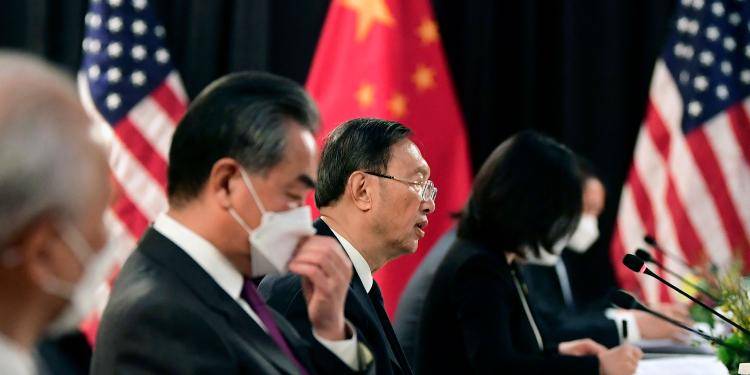 The Chinese delegation with their US counterparts at the opening session of US-China talks at the Captain Cook Hotel in Anchorage, Alaska.