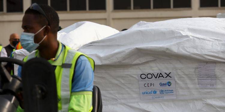 Covax tag on a shipment of Covid-19 vaccines from the Covax global Covid-19 vaccination programme, at the Kotoka International Airport in Accra.