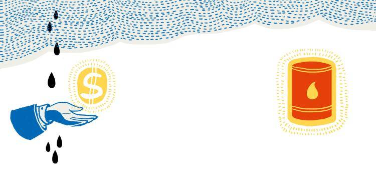 Illustration of drops of oil over a hand, a US dollar sign and a barrel of oil.