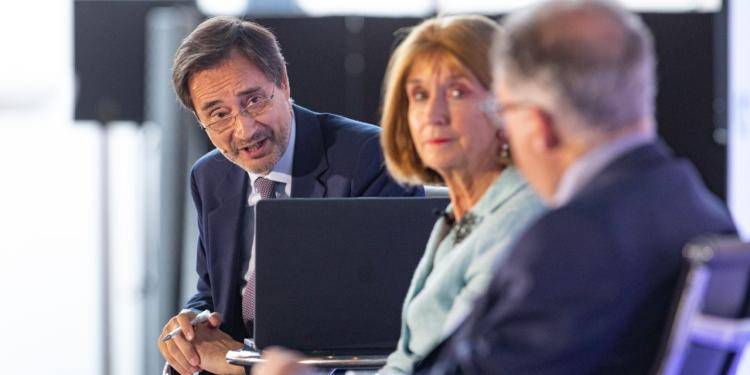 Sir Robin Niblett CMG, Paula J. Dobriansky, and Gideon Rachman. Photo by Suzanne Plunkett.