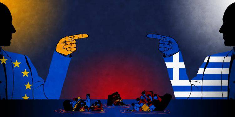 Illustration showing personifications of the EU and Greece arguing over who should take in arriving refugees. Illustration: Rebecca Hendin