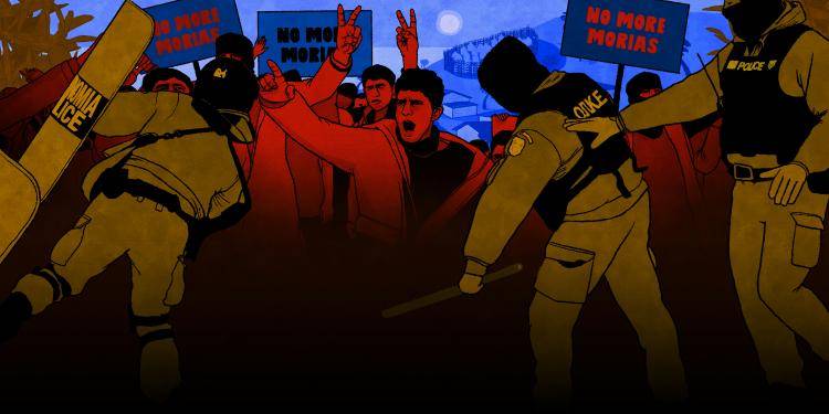 Illustration showing clashes during protests on Lesvos during the crisis. Illustration: Rebecca Hendin