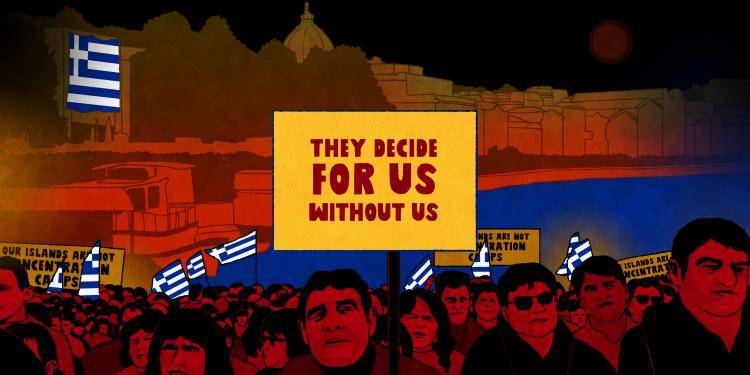 Illustration showing the protests against excluding locals from decisions made about Lesvos during the crisis. Illustration: Rebecca Hendin