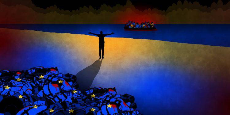 Illustration showing a hopeful figure extending welcome to a migrant dinghy on a short with poor policies left behind. Illustration: Rebecca Hendin