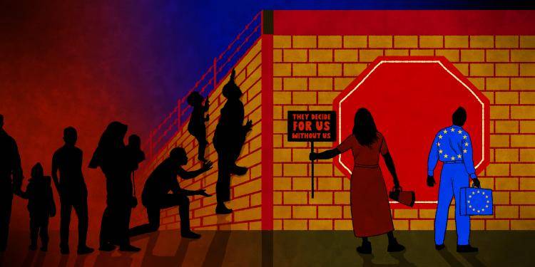 Illustration showing a representation of a dead-end for the locals, refugees and EU between 2015 and 2016. Illustration: Rebecca Hendin