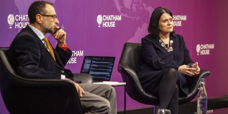 The Guardian columnist Rafael Behr and Chatham House director Bronwen Maddox on stage at an event.