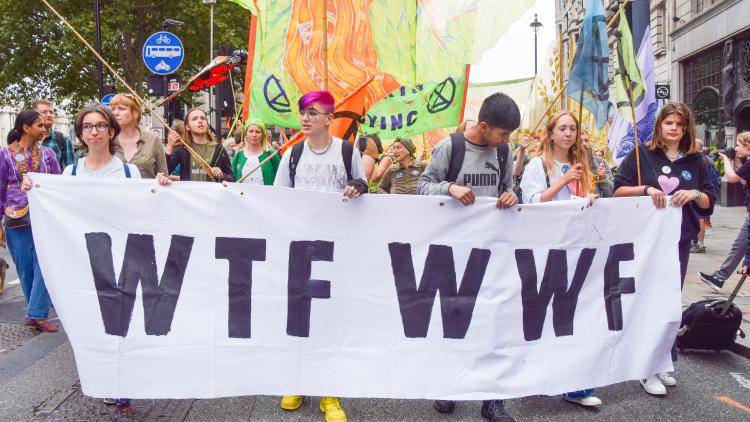 Protesters hold a banner saying 'WTF WWF'