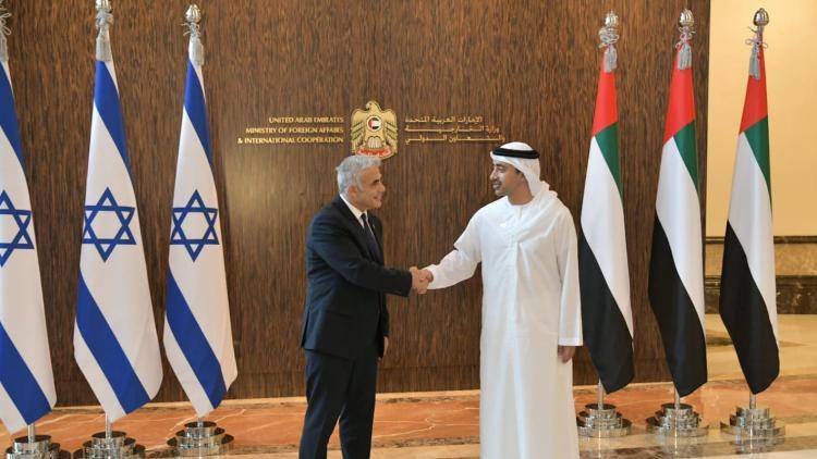 Israeli Foreign Minister Yair Lapid (L) meets Minister of Foreign Affairs and International Cooperation of the United Arab Emirates, Sheikh Abdullah bin Zayed bin Sultan Al Nahyan (R) in Abu Dhabi, United Arab Emirates (UAE) on 29 June 2021. Photo by Government Press Office of Israel/Anadolu Agency via Getty Images.
