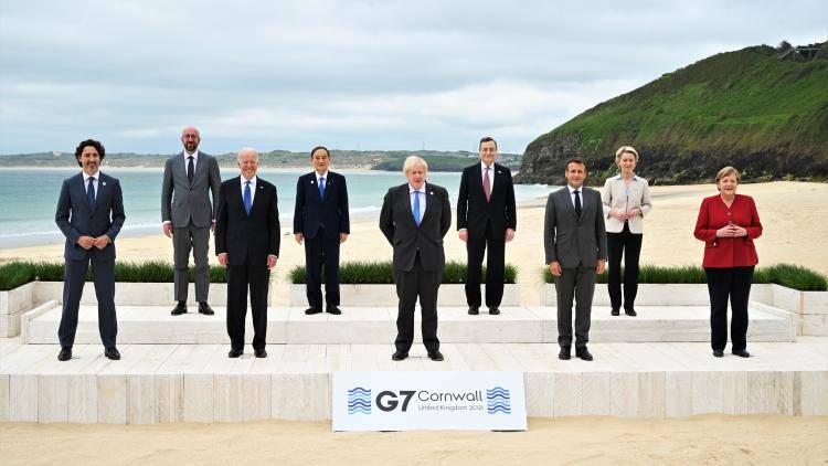 Canadian Prime Minister, Justin Trudeau, President of the European Council, Charles Michel, US President, Joe Biden, Japanese Prime Minister, Yoshihide Suga, UK Prime Minister, Boris Johnson, Italian Prime Minister, Mario Draghi, French President, Emmanuel Macron, President of the European Commission, Ursula von der Leyen and German Chancellor, Angela Merkel, pose during the G7 Summit last year in Cornwall in the UK in 2021. Photo: Leon Neal/WPA Pool via Getty Images.