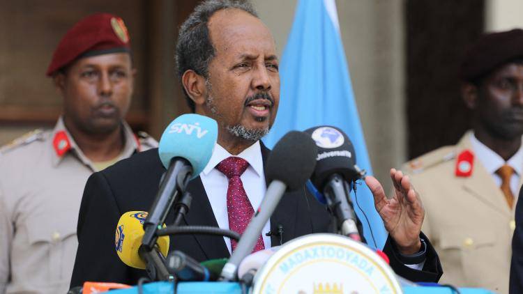 Hassan Sheikh Mohamud, president of Somalia, at the handover ceremony at the Mogadishu Palace on May 23, 2022. Photo by HASAN ALI ELMI/AFP via Getty Images.