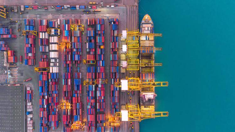 Aerial view of shipping containers.
