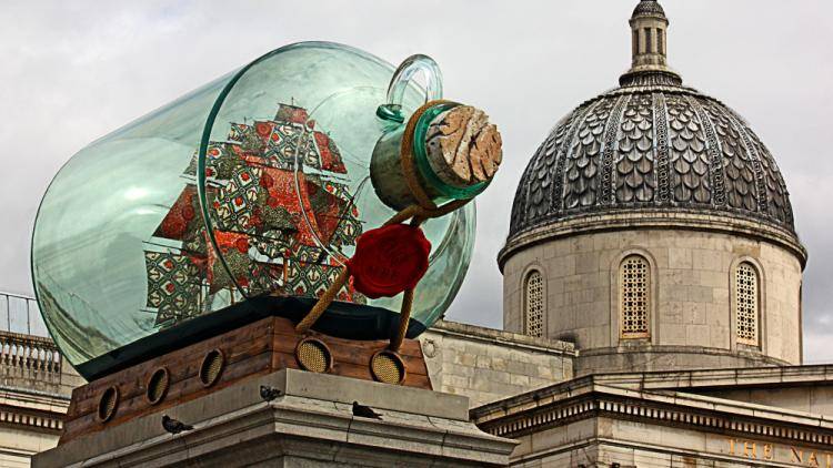 A ship in a bottle on the fourth plinth in Trafalgar square