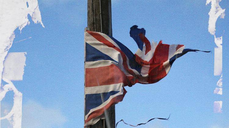 A scrapbook image of a weathered UK flag flapping in the wind 