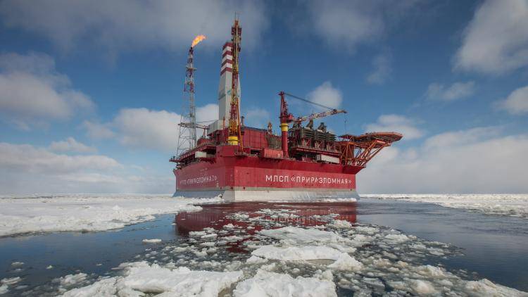 The Prirazlomnaya platform in the Pechora Sea, Russia, is the world's first operational Arctic rig to process oil drilling, production and storage, end product processing, and loading. Photo by Sergey Anisimov /Anadolu Agency/Getty Images.