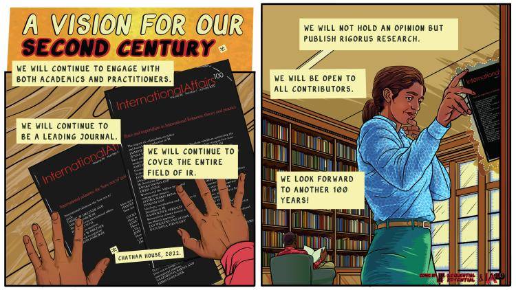Colour comic summarising the future of the journal and its focus on rigorous research on the entire field of international relations.