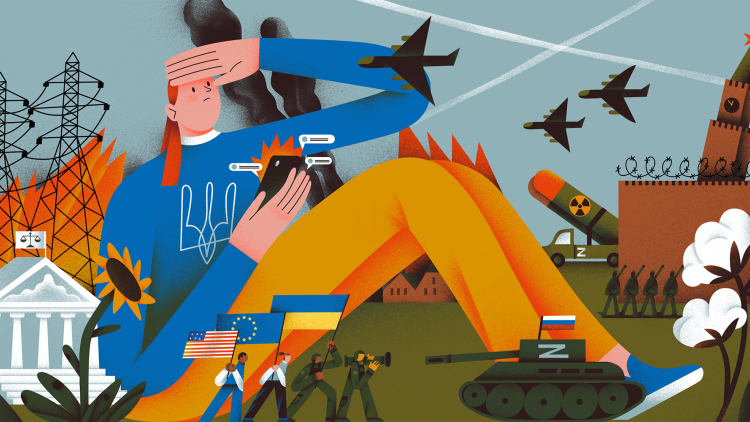 An illustration representing the cyber, military, law, energy and political impacts of the war in Ukraine