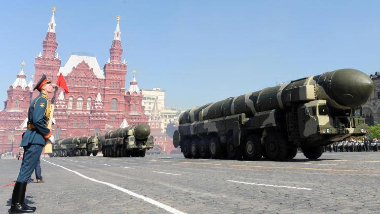 Russian Topol-M intercontinental ballistic missiles drive through Red Square in Moscow during a Victory Day parade. Photo credit should read NATALIA KOLESNIKOVA/AFP via Getty Images.