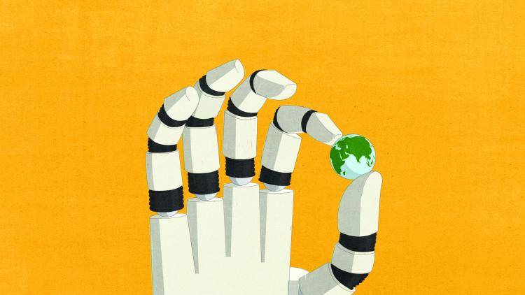 Cover illustration of a robot hand holding Planet Earth between finger and thumb, for cover of October November 2023 World Today