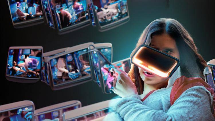 Image of two girls  surrounded by screens and holding smartphones, generated by AI