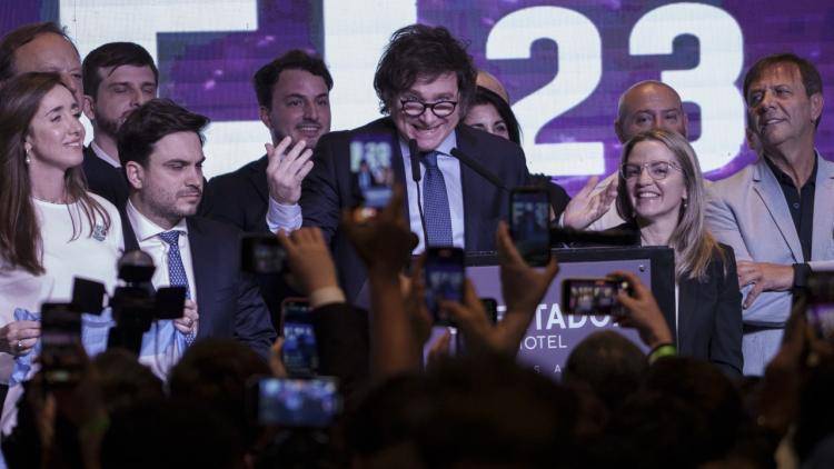 Javier Milei, presidential candidate, speaks at his campaign headquarters after polls closed for general elections in Buenos Aires, Argentina. 