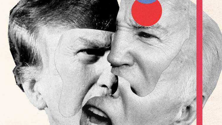 Montage illustration showing the faces of Donald Trump and Joe Biden overlaid