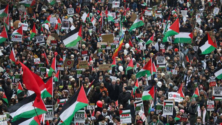 ens of thousands of people gather to join the Global Day of Action calling for a ceasefire and an end to the war on Gaza on 13 January 2024, central London, United Kingdom. 