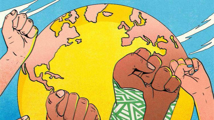 Illustration of six fists clenching in solidarity before a yellow globe