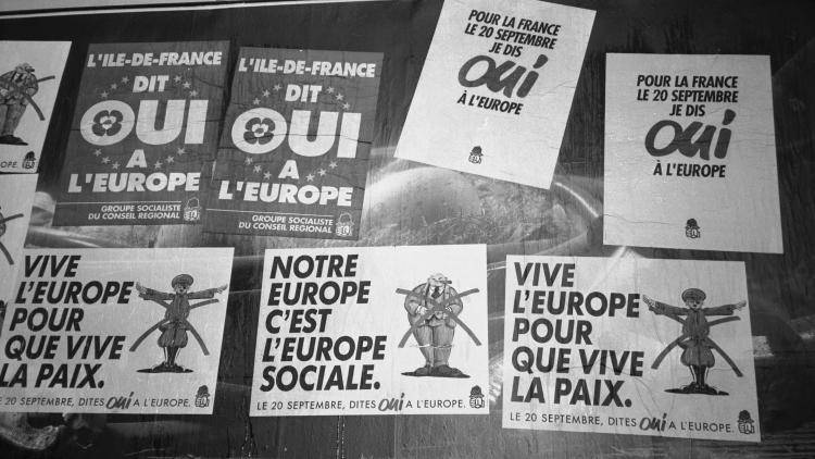 Posters in a shop window in France urging ratification of the Maastricht Treaty ahead of a 1992 referendum