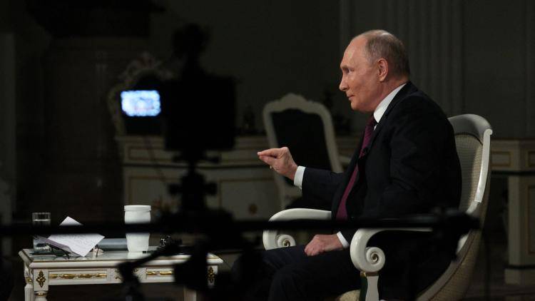 Vladimir Putin gives an interview to Tucker Carlson at the Kremlin in Moscow on February 6, 2024. (Photo by Gavriil GRIGOROV / POOL / AFP via Getty Images)