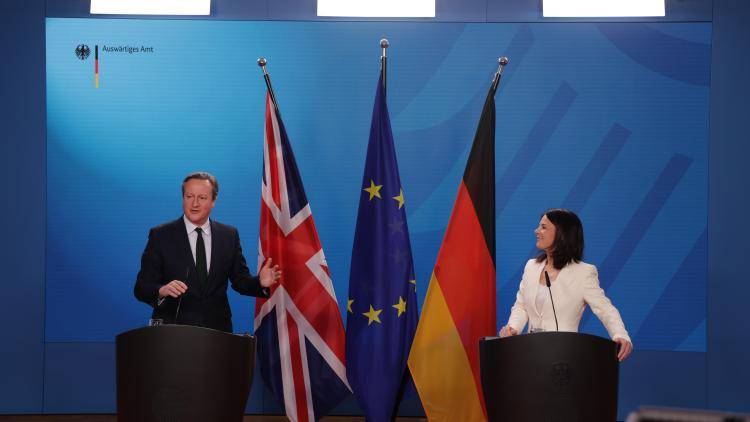 British Foreign Secretary David Cameron and German Foreign Minister Annalena Baerbock speak to the media following talks on March 07, 2024 in Berlin, Germany.