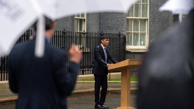 Britain's prime minister, Rishi Sunak, speaks to the media as he announces the date for the UK general election in Downing Street, London.
