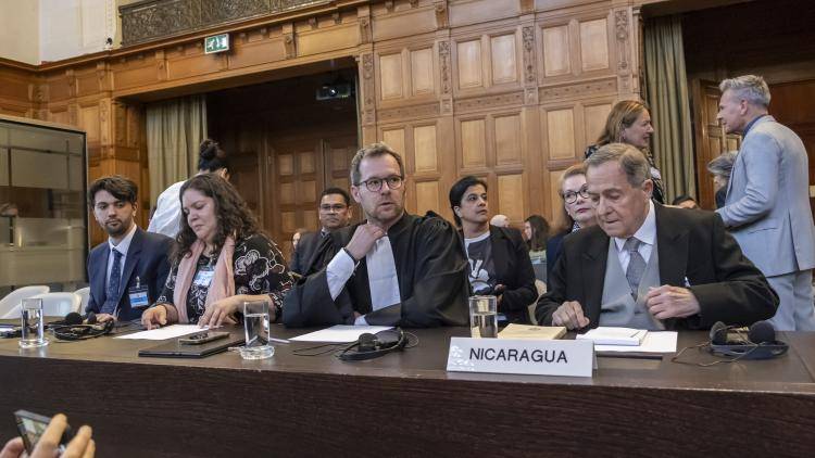 The delegation from Nicaragua seated at the ICJ in The Hague, Netherlands.