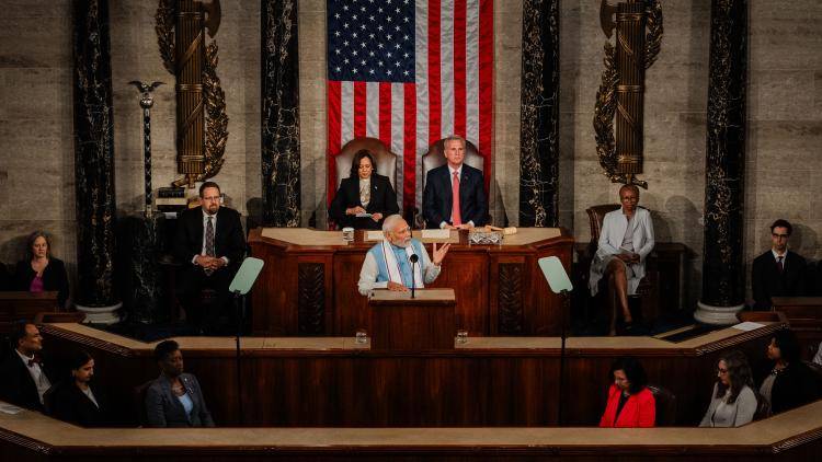 Vice President Kamala Harris and Speaker of the House Kevin McCarthy listen to Indian Prime Minister Narendra Modi address a Joint Meeting of the 118th Congress in the House Chamber.