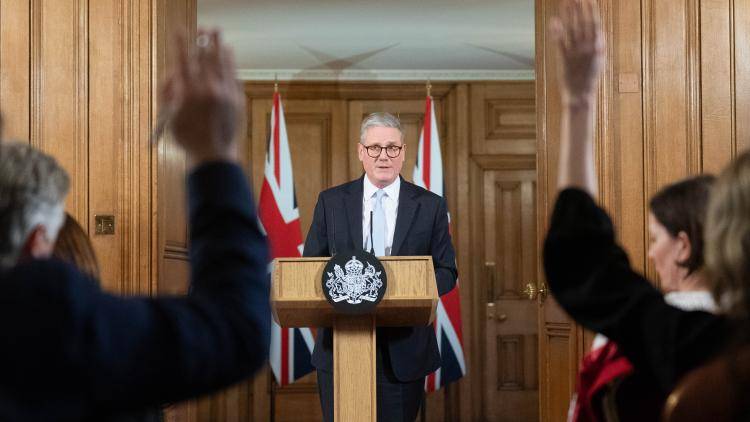 UK Prime Minister Sir Keir Starmer takes questions during a press conference.