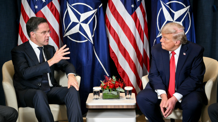 NATO Secretary-General Mark Rutte speaks with US President Donald Trump on the sidelines of the World Economic Forum (WEF) annual meeting in Davos on 21 January 2026. 